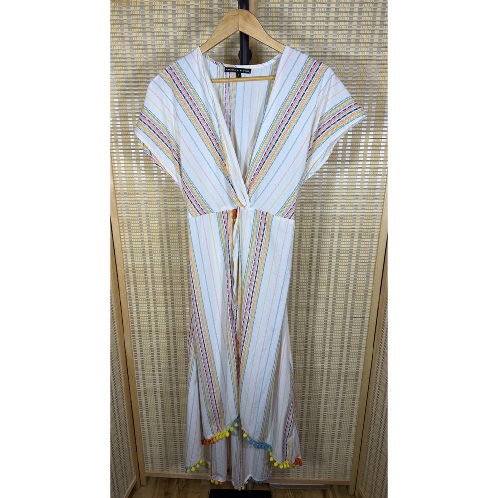 America & Beyond Striped Pom Pom Trim Dress White S Boho Resort Ibiza Coastal